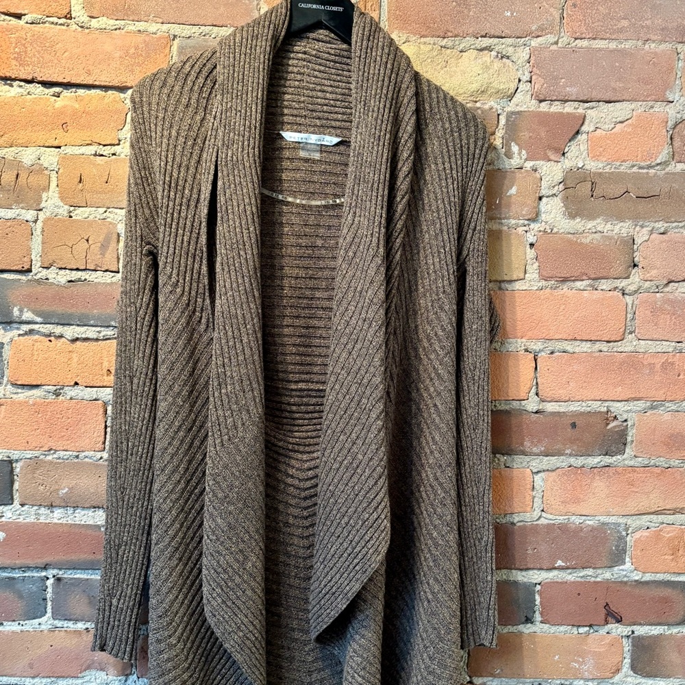 Vintage Brown Ribbed Open Front Brown Nygard Sweater with Shawl Pin. Size: Small